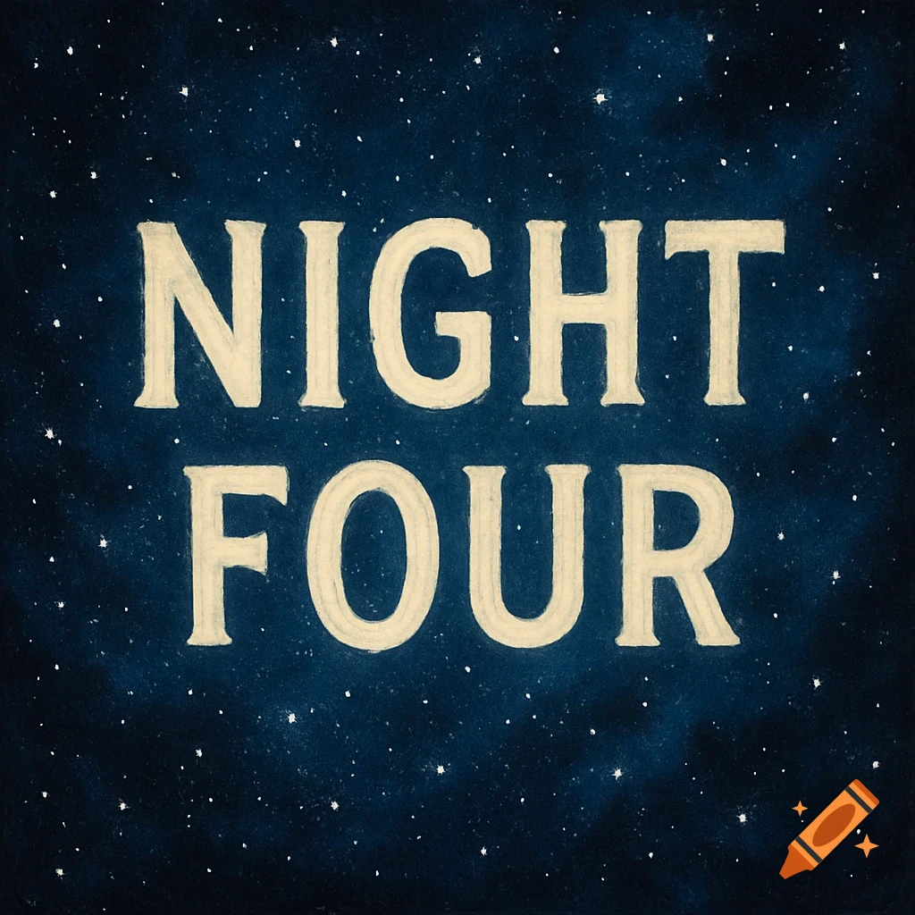The words NIGHT FOUR in cream text on a dark blue starry background.