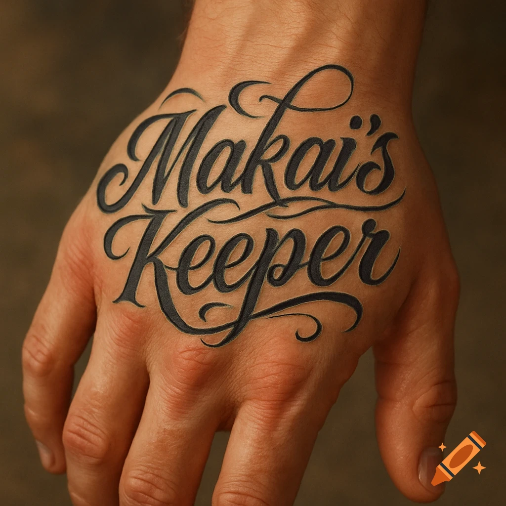 Close-up of a hand with a tattoo that says 'Makai's Keeper' in script.