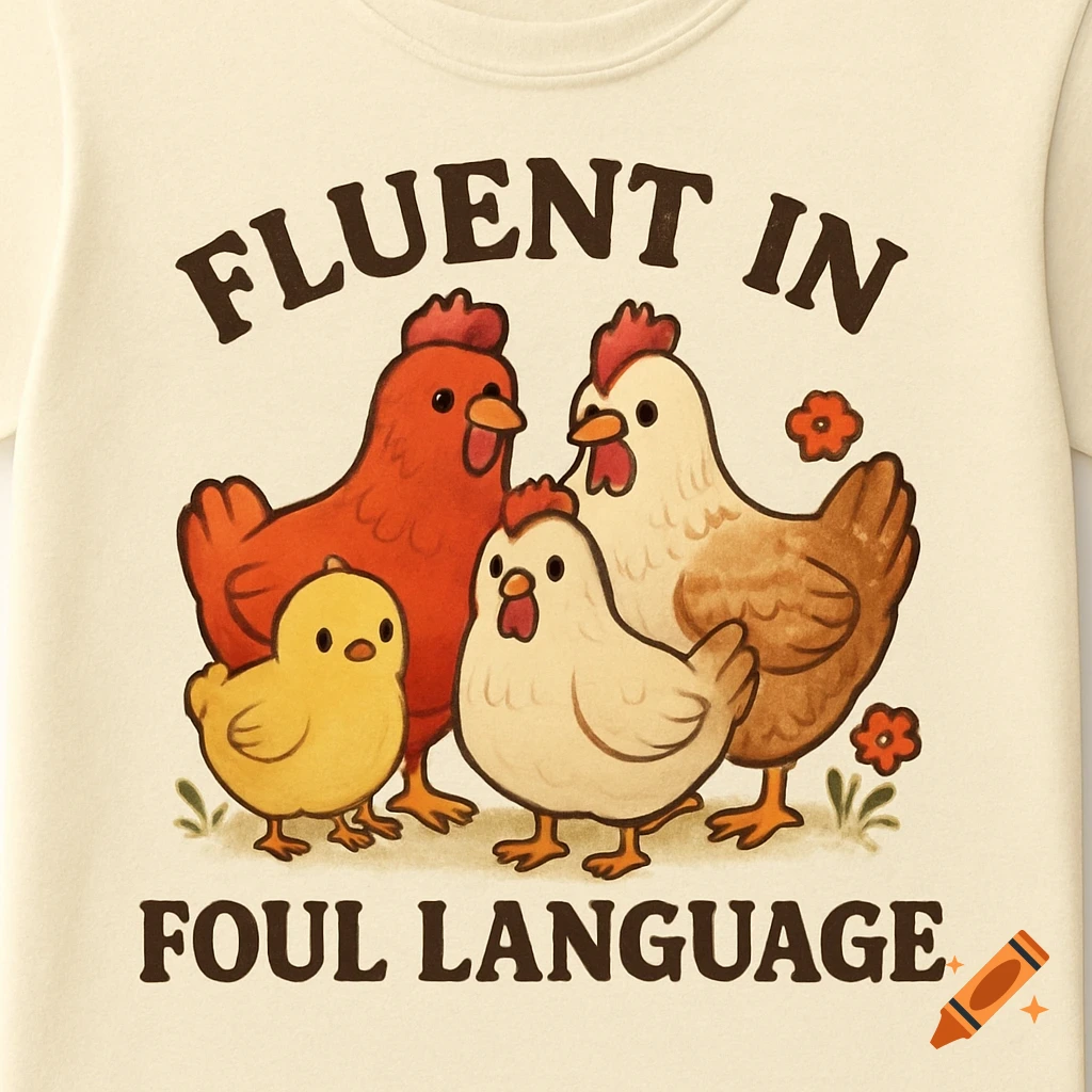 Cartoon illustration of a chicken family on a t-shirt that reads "Fluent in Foul Language"