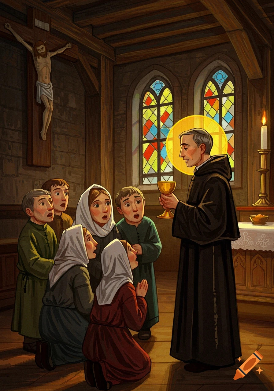 Folk art image of a priest giving communion to kneeling people in a church with stained glass windows and a crucifix.