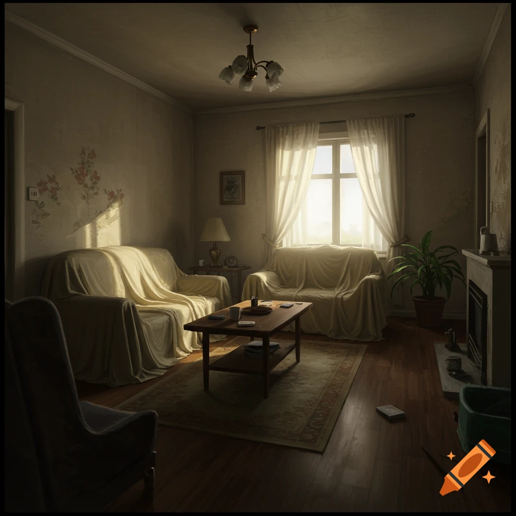 Dimly lit living room with furniture draped in sheets, a coffee table, and window light filtering through curtains.
