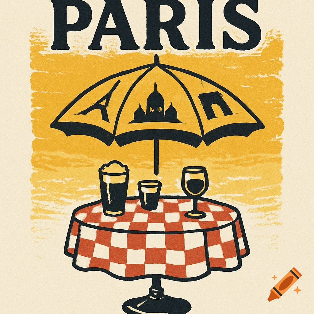 Stylized illustration of a Parisian cafe table with drinks, an umbrella featuring landmarks, and 'PARIS' text.