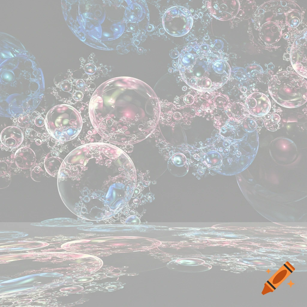 Abstract image of translucent pastel bubbles and fractal patterns on a grey background.