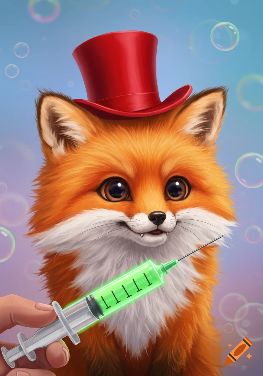 Cute fox in a red top hat with a green syringe