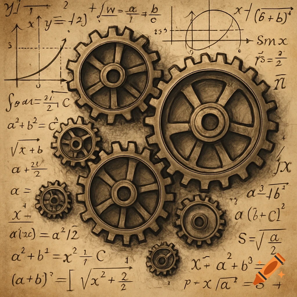 Sketch of interlocked gears overlaid with mathematical equations and diagrams on aged paper.
