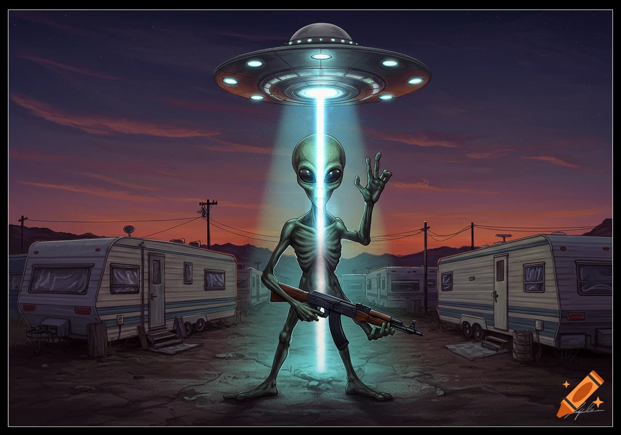Illustration of an alien holding a rifle standing in a trailer park with a UFO beam shining on it at sunset.