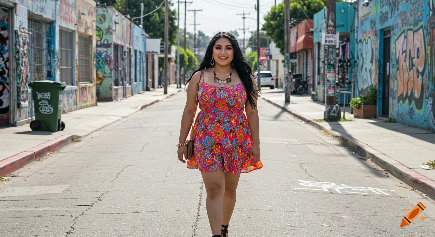 A woman in a colorful floral dress stands on a street with graffiti walls.