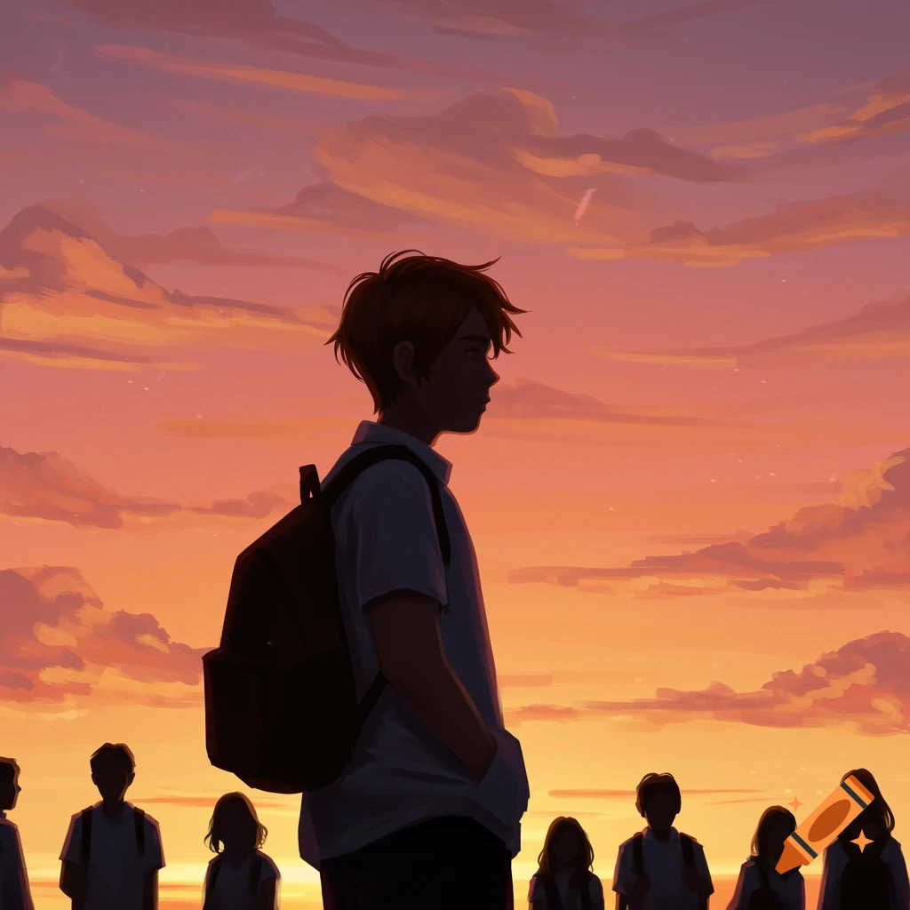 Silhouette of a teenager with a backpack standing against a vibrant sunset, digital painting.