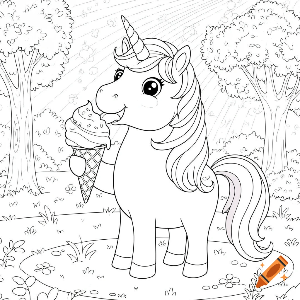 A line drawing of a cartoon unicorn eating an ice cream cone.