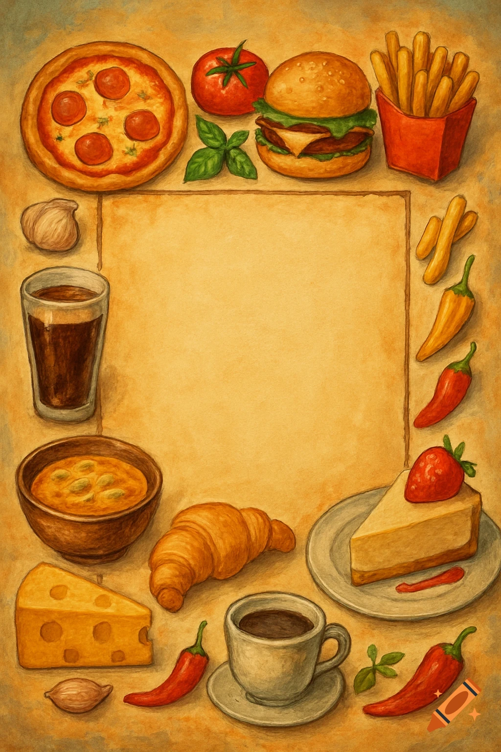 An illustration of pizza, burger, fries, soup, croissant, cheese, and other foods surrounding a blank menu space.