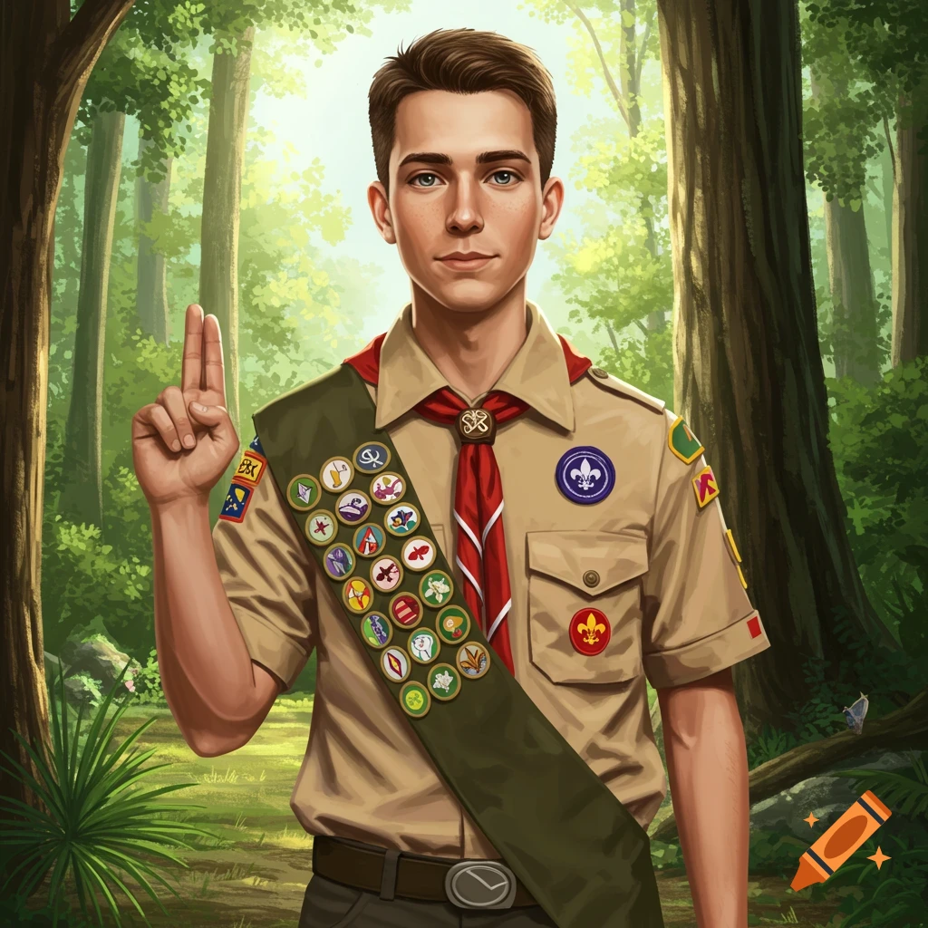 An illustration of a young man in a scout uniform giving a two-finger salute in a forest.