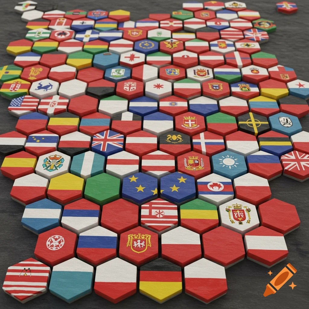 Close-up of many hexagonal tiles arranged in a pattern, each showing a European flag or national emblem, on a grey surface.