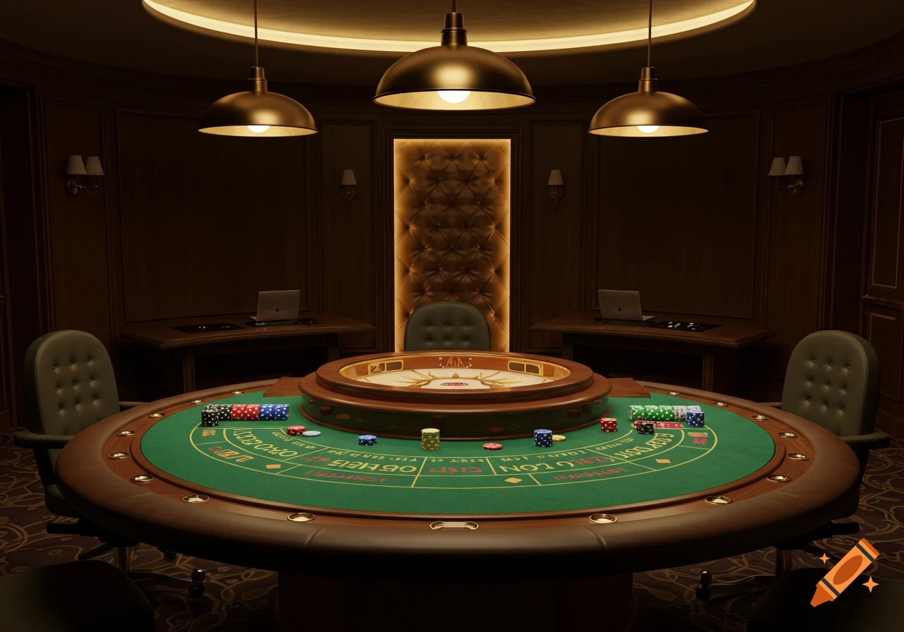 Luxurious casino VIP room with a gambling table, chairs, and golden lamps under warm lighting.