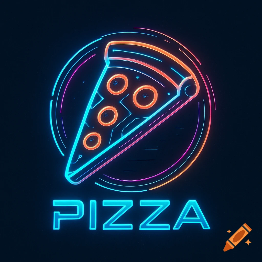 Futuristic neon logo depicting a slice of pizza inside a glowing circle with the word PIZZA below.