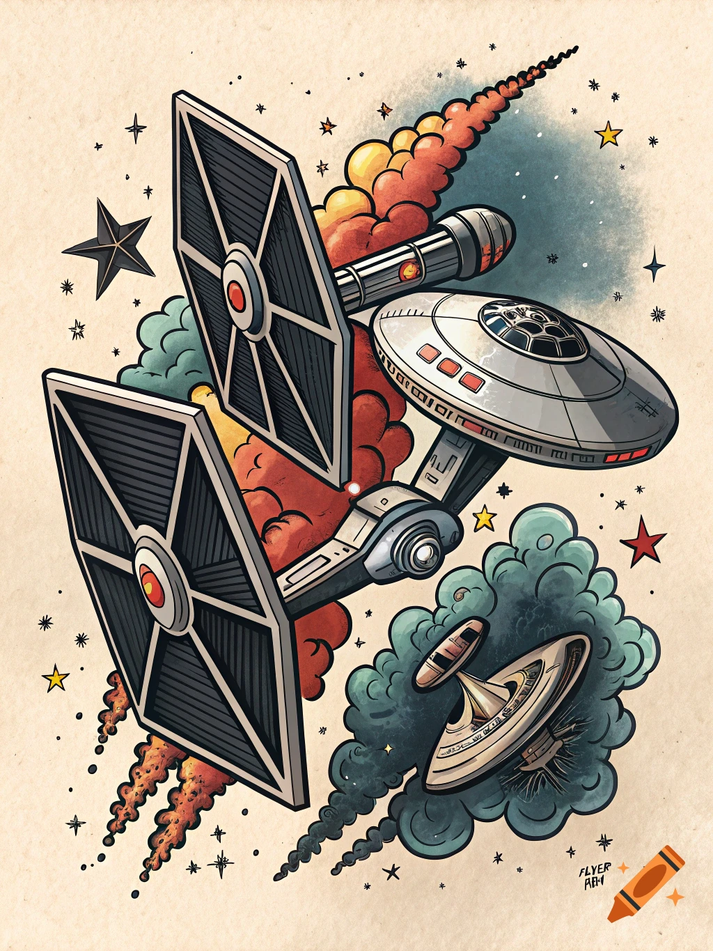 A Star Wars TIE Fighter chasing the Star Trek Enterprise spaceship in a traditional tattoo style illustration.