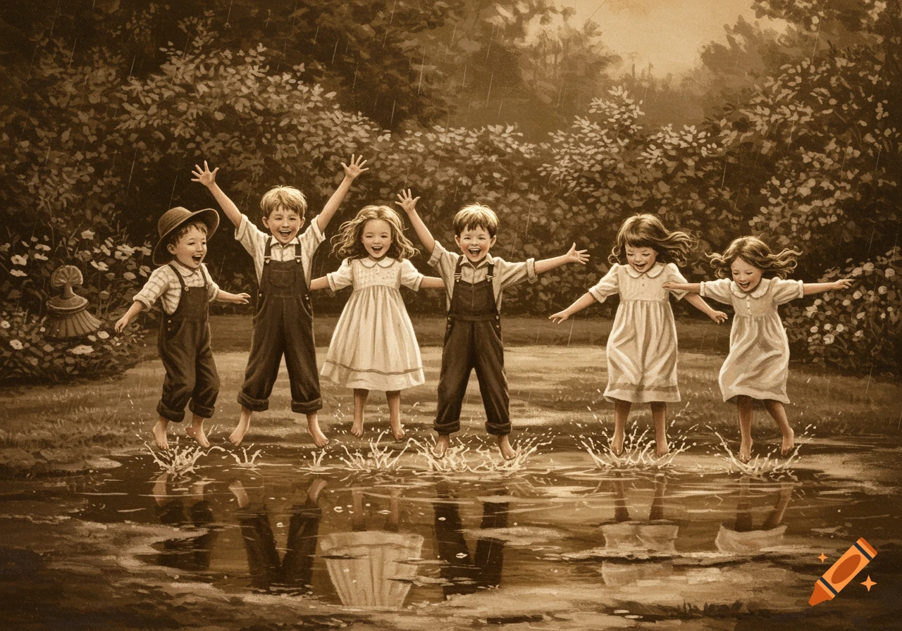 Sepia painting of six happy children jumping and splashing in puddles during a rain shower.