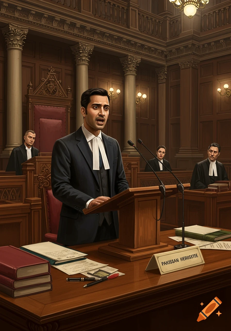 Lawyer speaking at a podium in a courtroom, illustration.