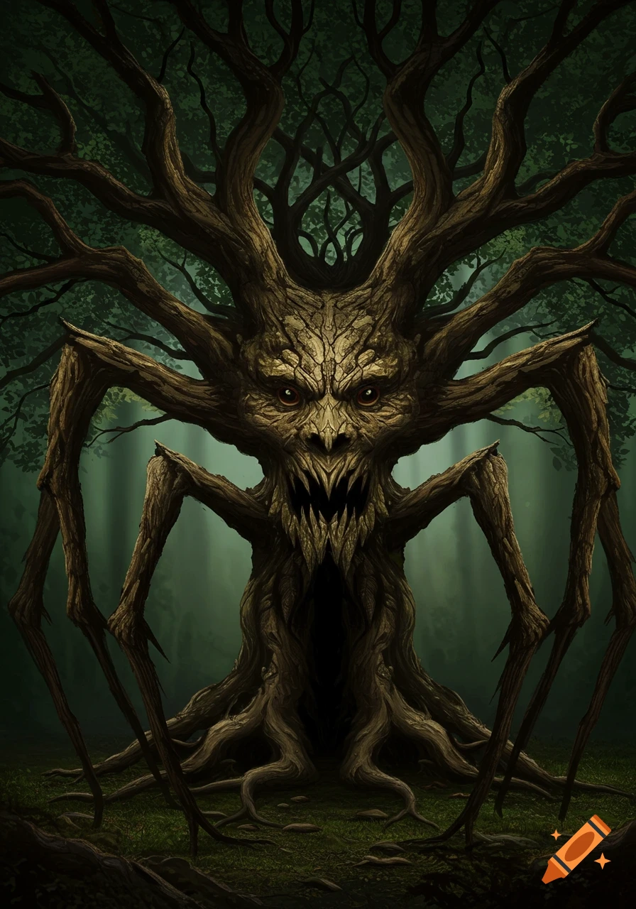 A monstrous tree creature with a face and spider-like legs stands in a dark forest.