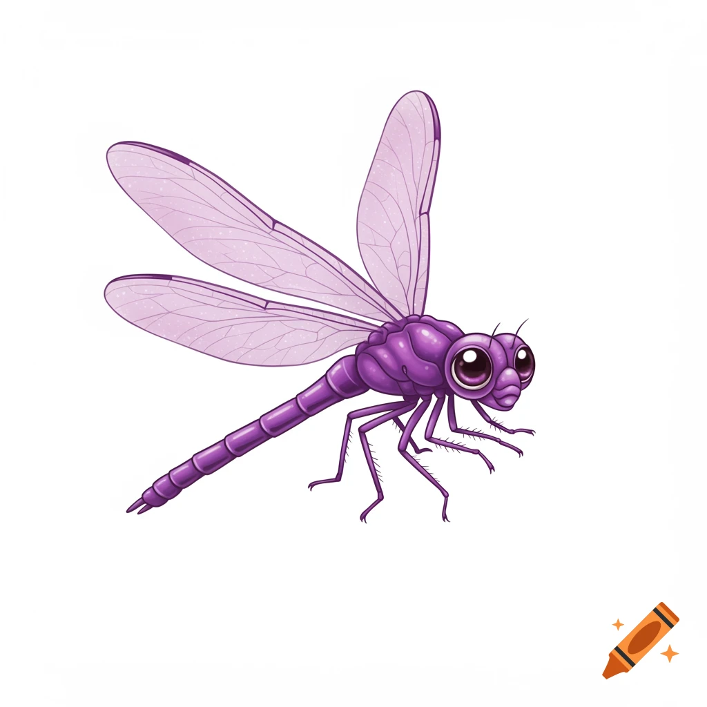 A cute purple cartoon dragonfly on a white background.