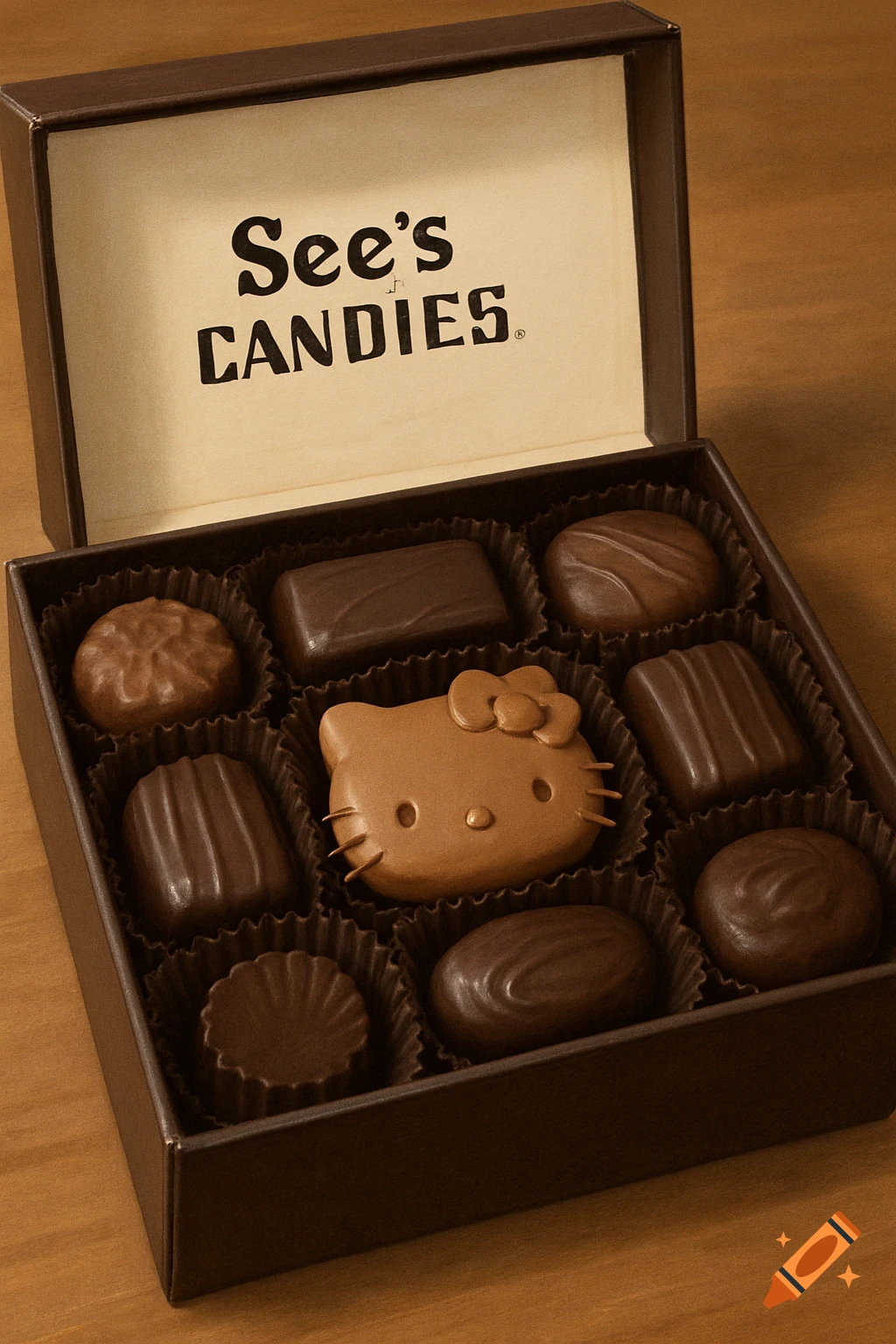 A box of See's Candies with various chocolates, including a Hello Kitty shaped piece.