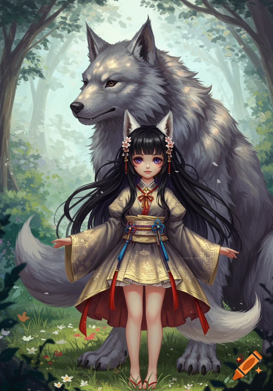 Anime girl with animal ears and a large wolf standing in a forest.
