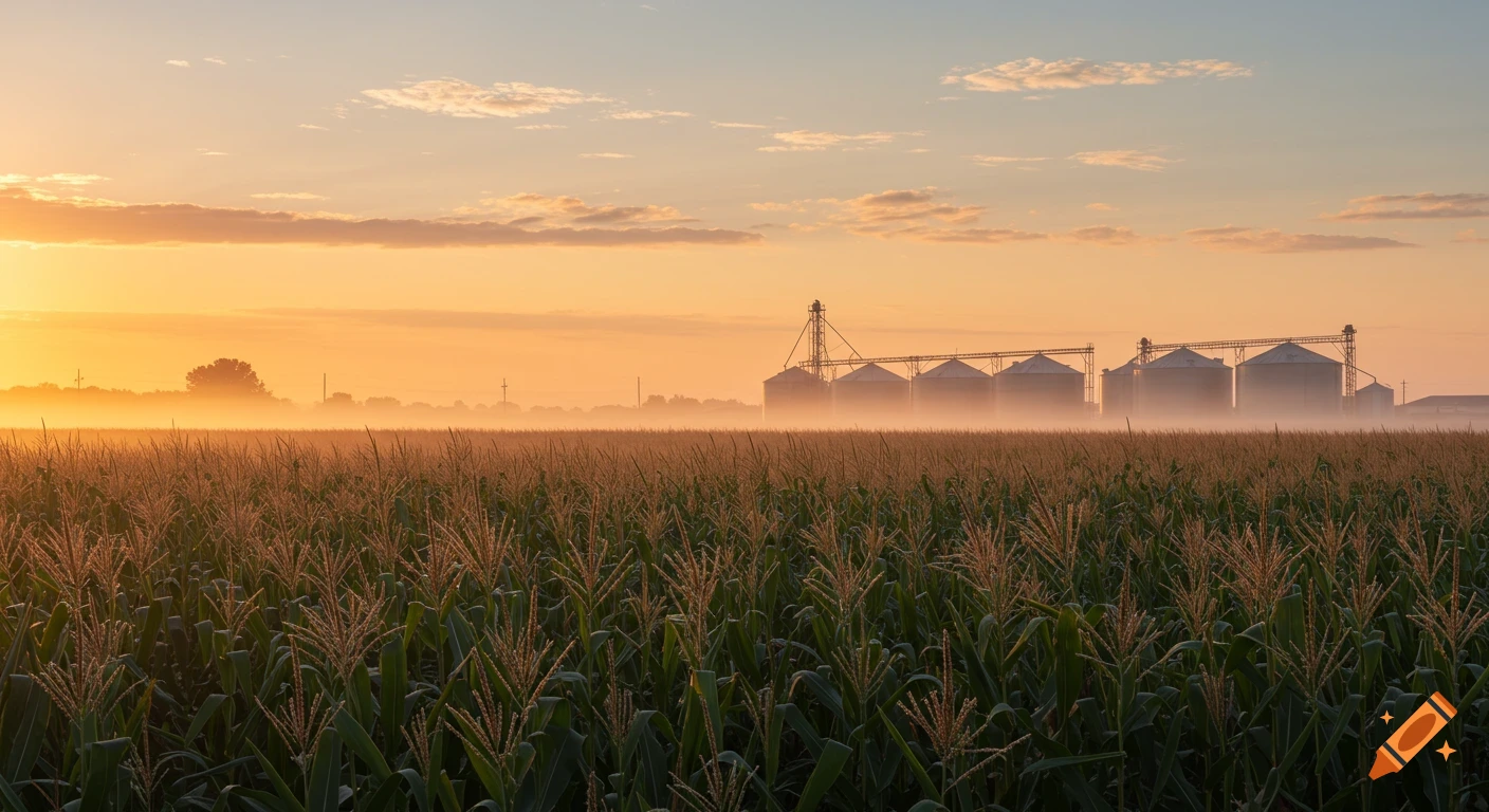 A cornfield in the foreground, with grain silos shrouded in mist in the distance at sunrise.