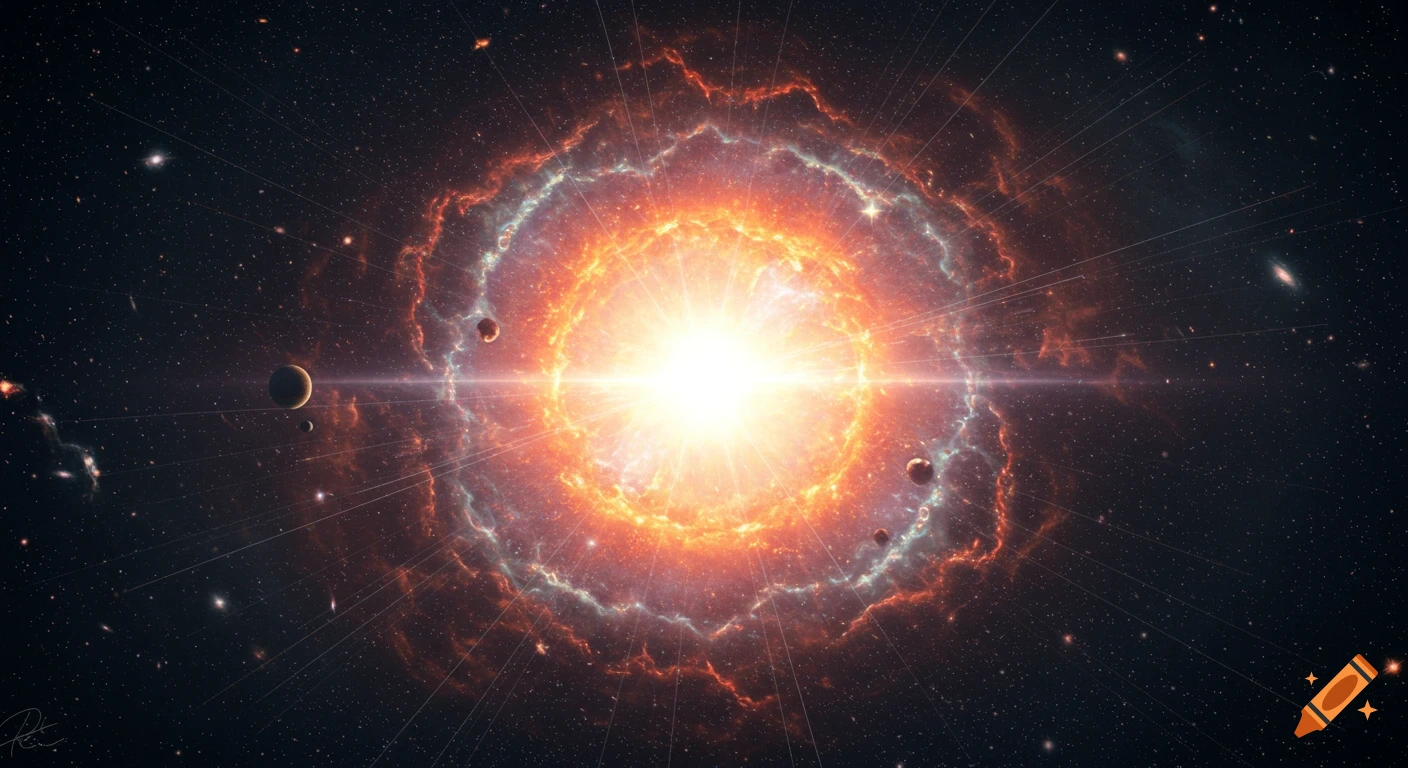 A cosmic explosion erupts in space with glowing nebulae, planets, and stars.