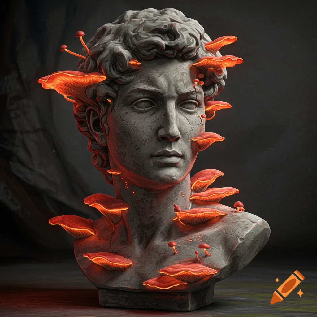 A stone bust covered in glowing red-orange mushrooms.