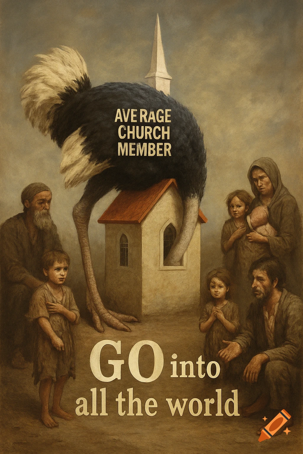 Dark painting of giant ostrich head in church, surrounded by poor people. Text: 'AVERAGE CHURCH MEMBER', 'GO into all the world'.