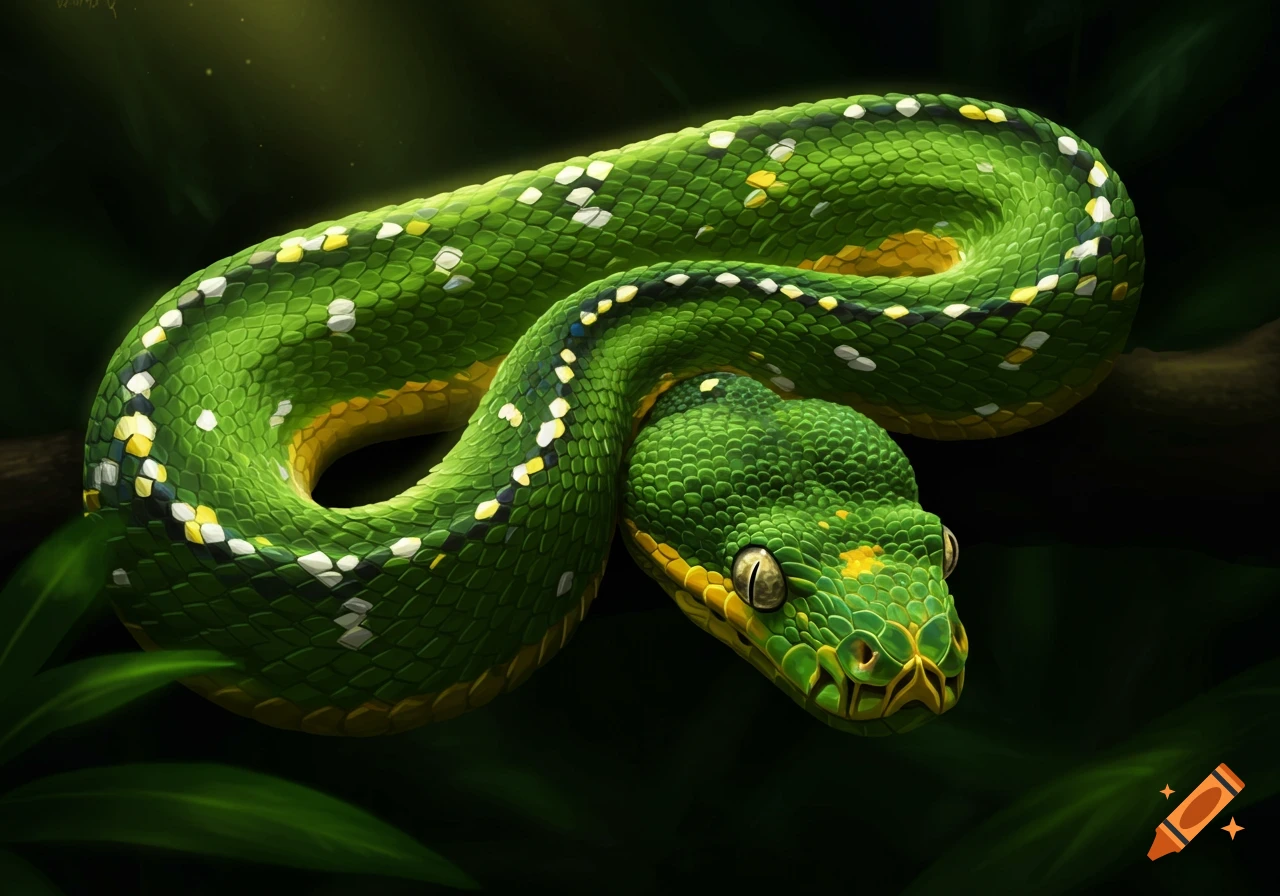 Green snake with yellow and white spots on a branch in a forest