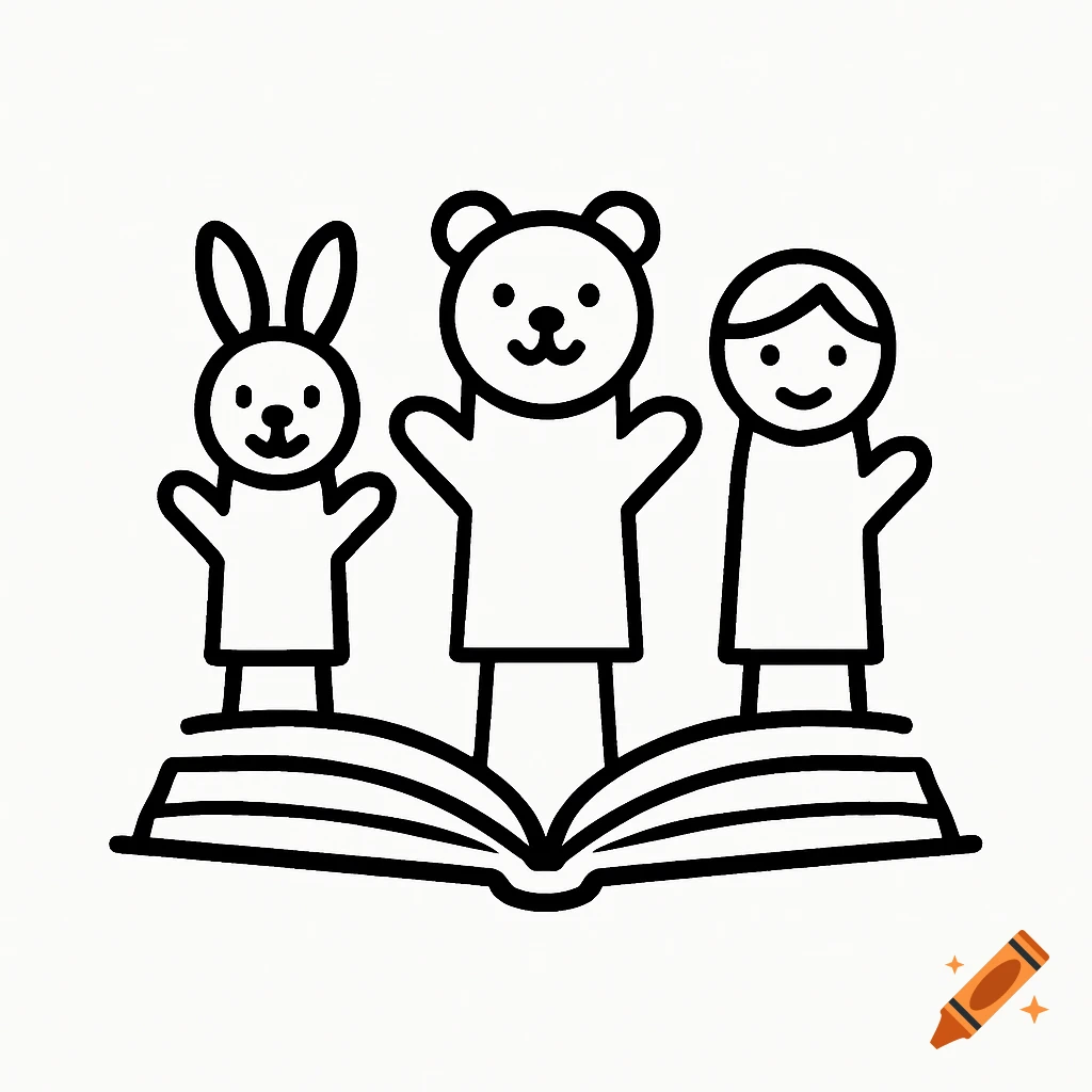 Line art logo of three glove puppets (rabbit, bear, person) standing on an open book