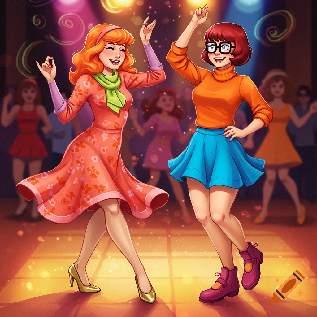 Cartoon of Daphne and Velma dancing excitedly at a colorful disco.