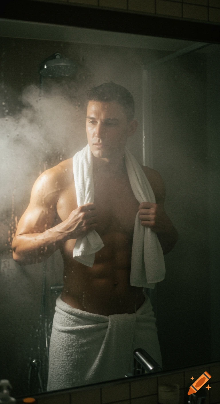 Muscular man with towels in a steamy shower reflection
