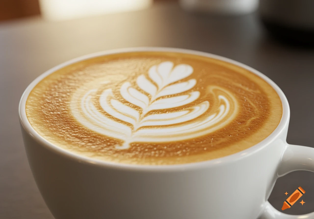 Close-up of latte art in a white mug