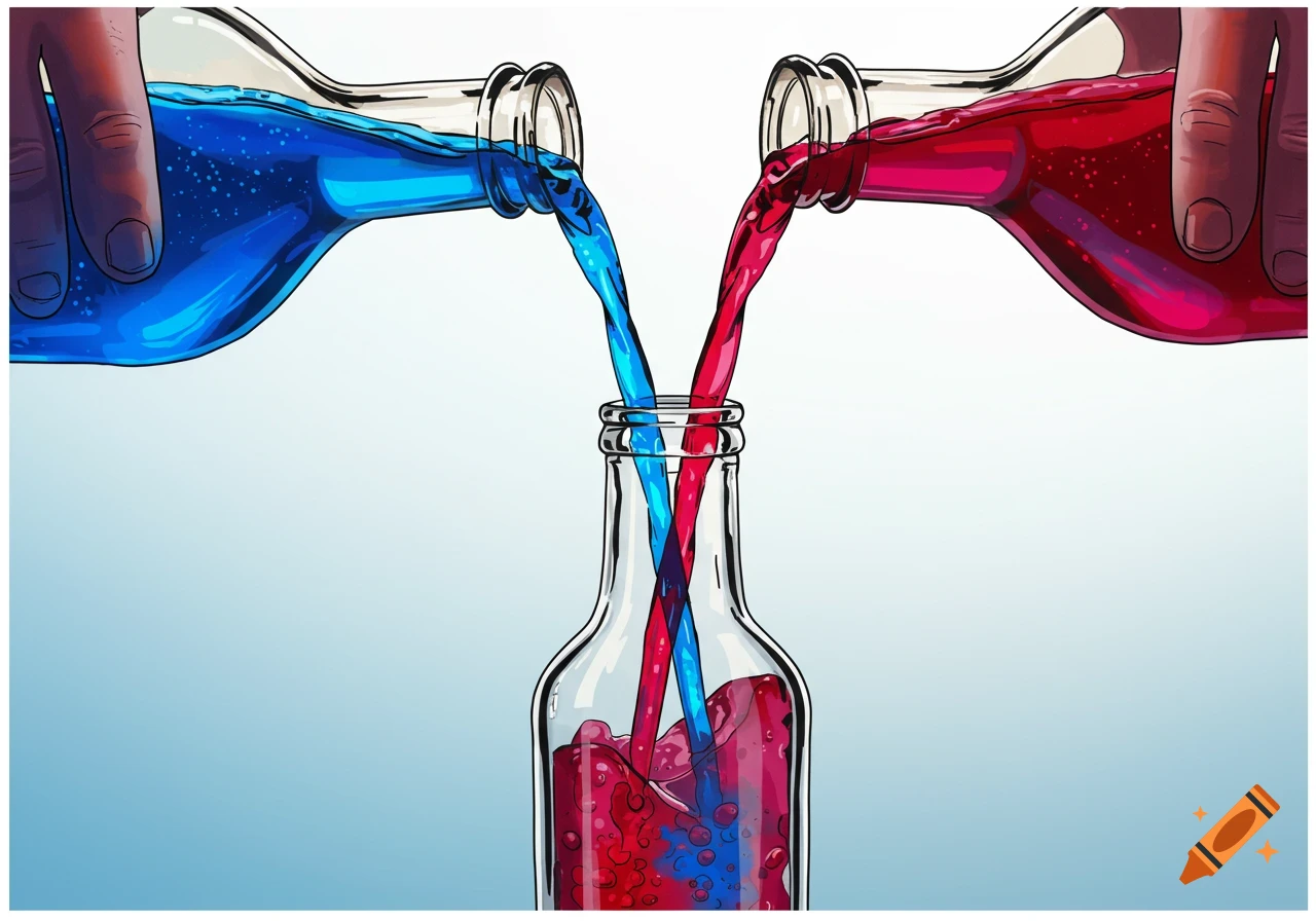 Two hands pour blue and red liquids from separate bottles into a single bottle below, mixing them.