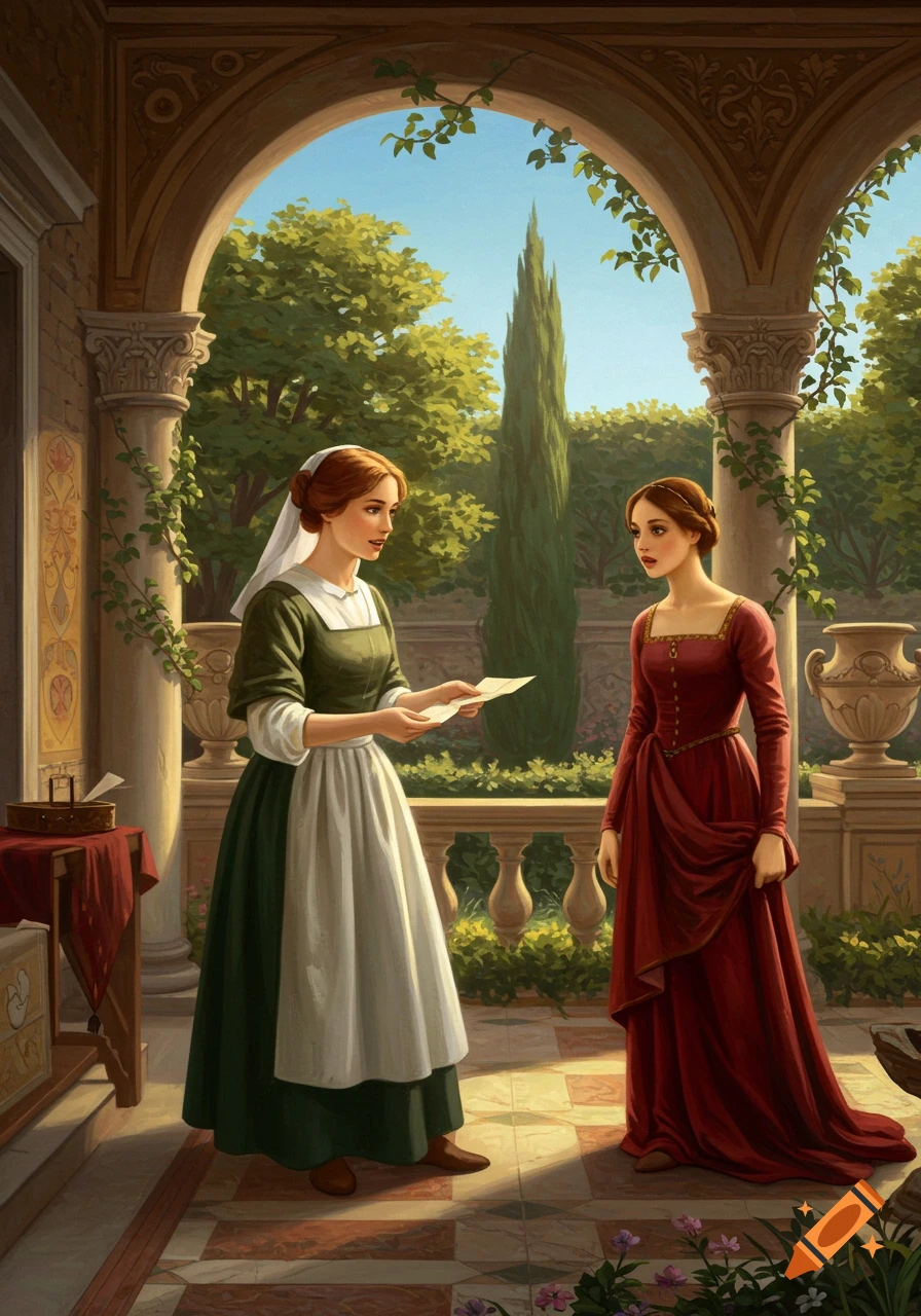 Two women in historical dresses in a loggia, one holding a letter, rendered in a painterly style.