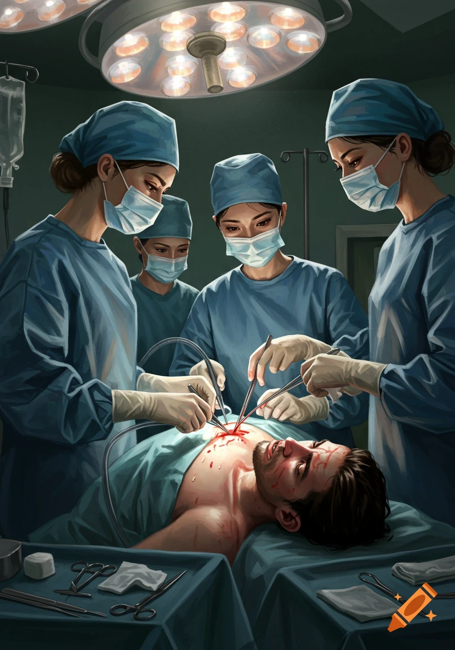 Four surgeons operate on a patient in an operating room, illustration style.