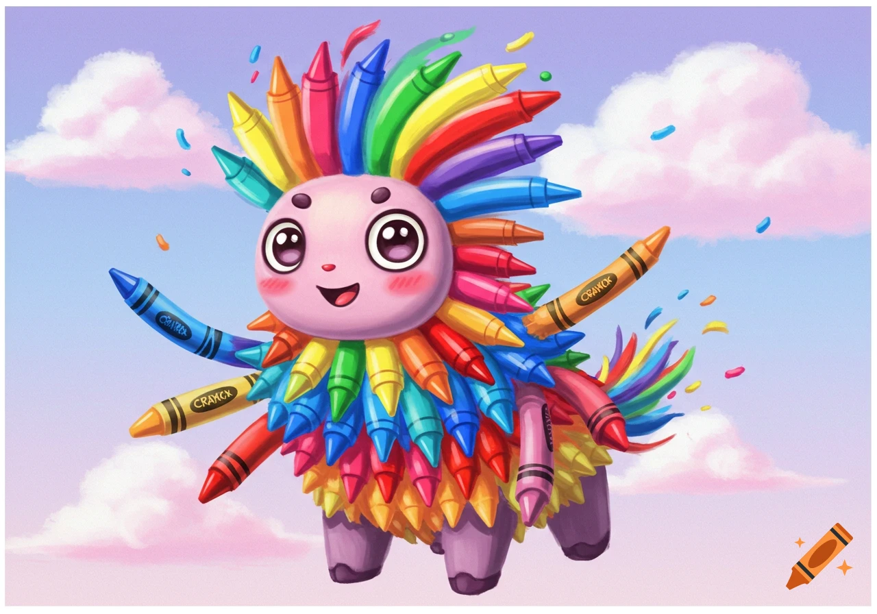 A cute creature made of colorful crayons with a smiling face, floating in a sky.