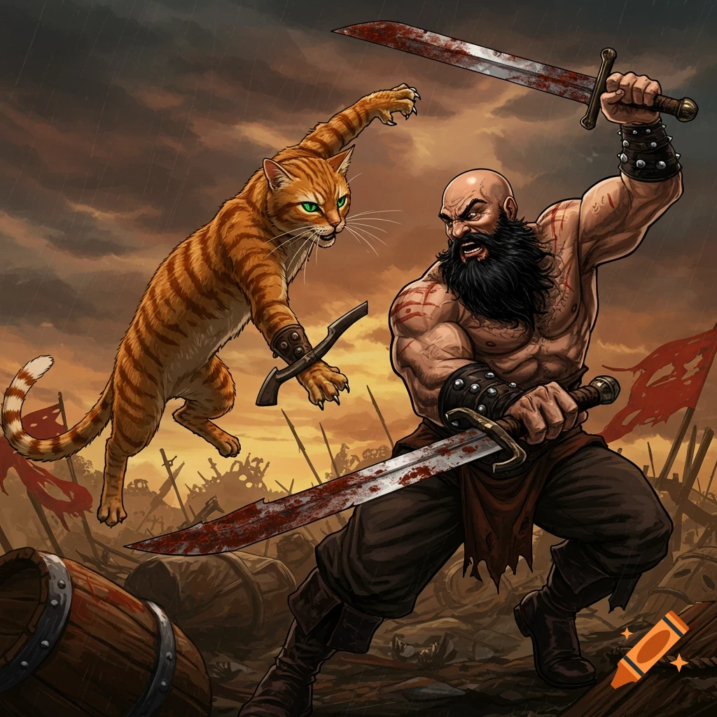 An illustration of a large cat fighting a muscular bald man with swords on a battlefield.