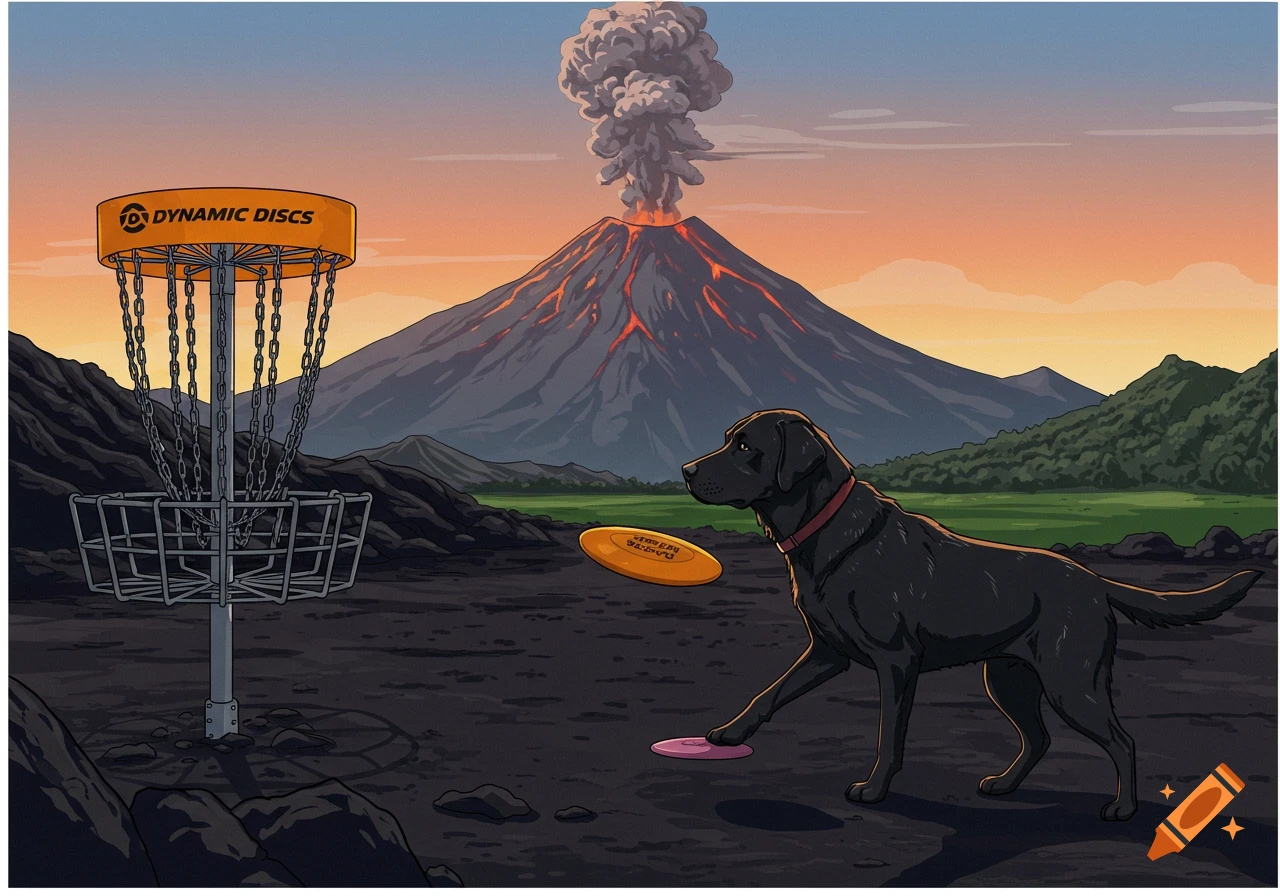 Illustration of a black lab playing disc golf near an erupting volcano at sunset.