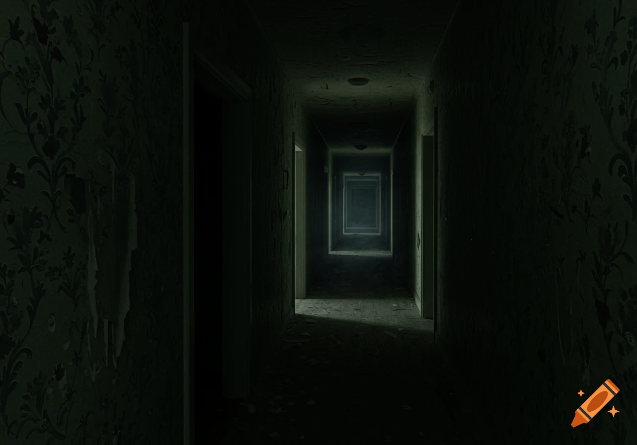 Dark, creepy hallway with peeling wallpaper receding into the distance.