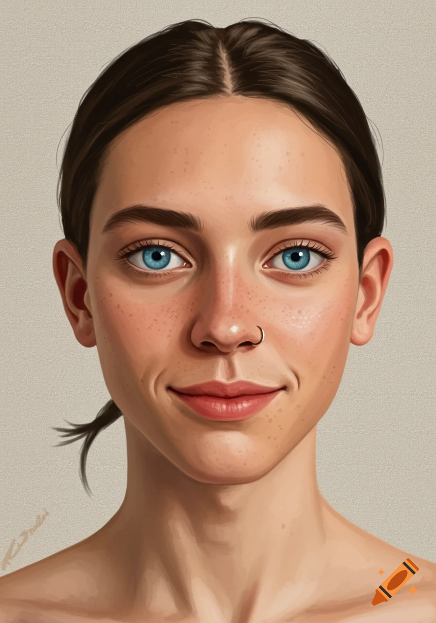 Close-up portrait of a person with blue eyes, freckles, smiling slightly. Painterly style.
