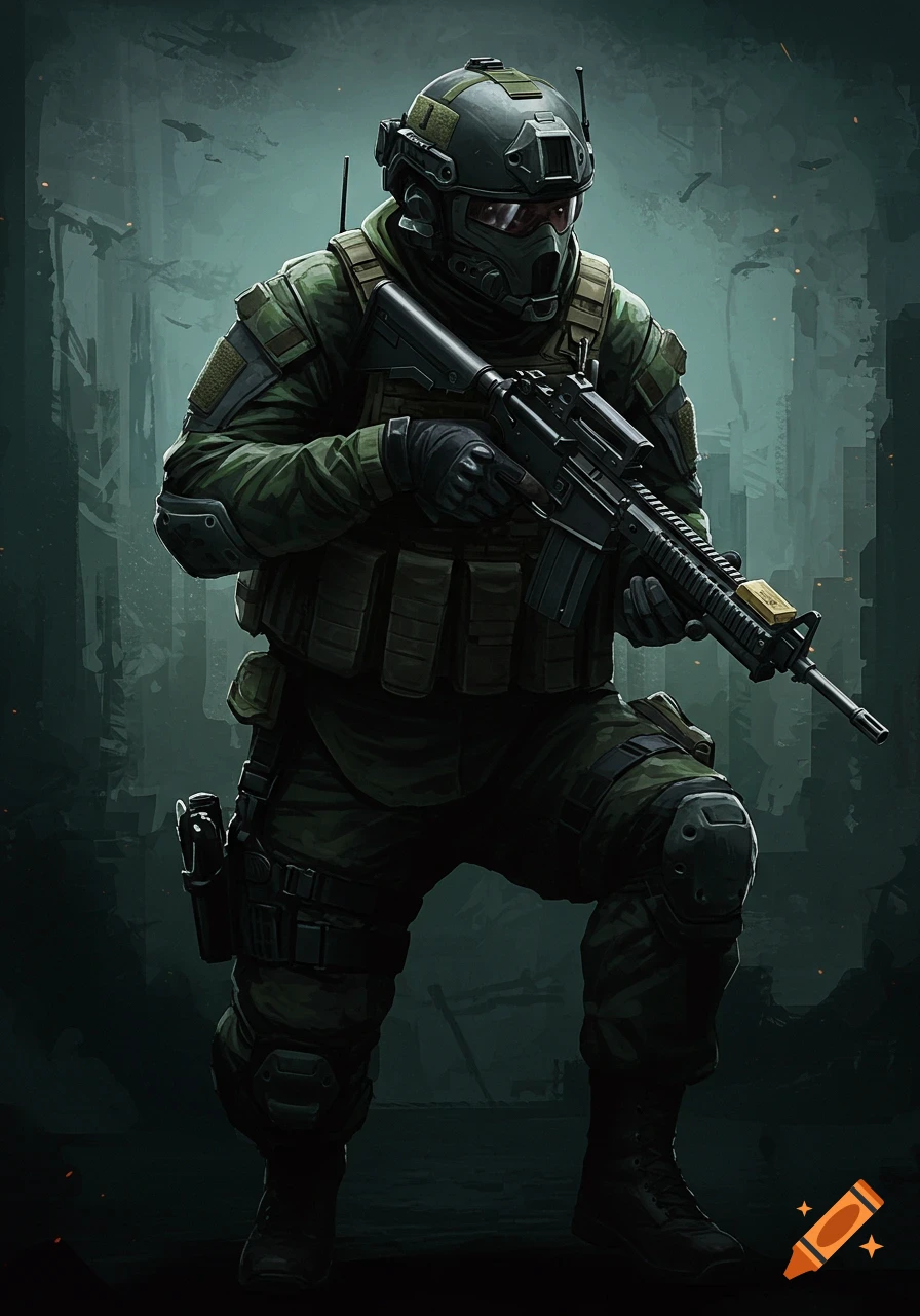 A soldier in dark green gear and helmet holds a rifle.