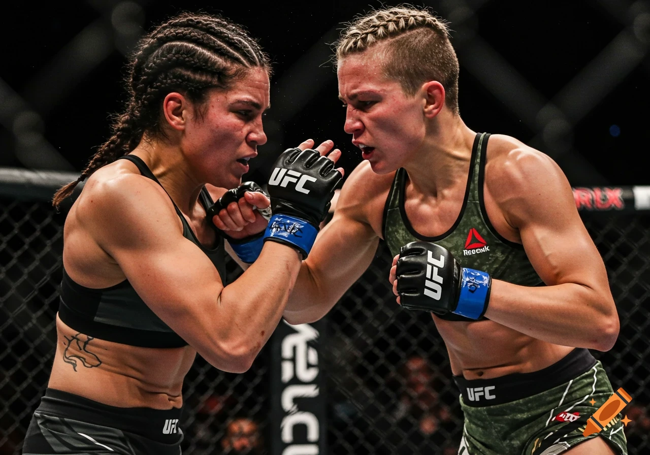 Two female MMA fighters facing off in a ring
