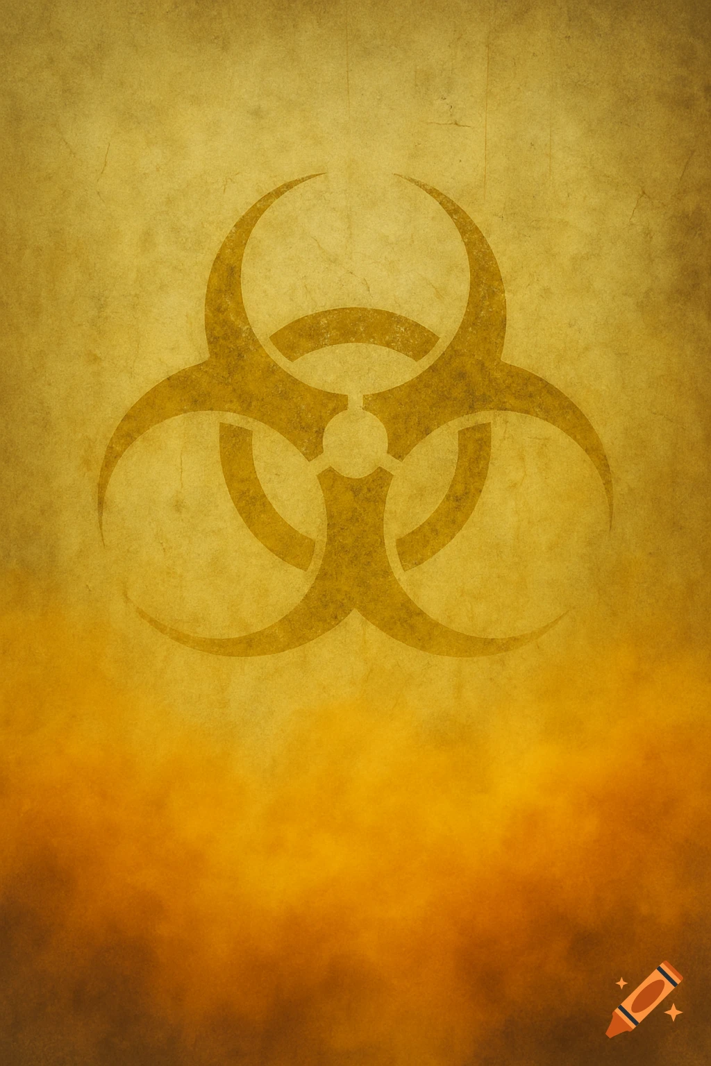 A faded biohazard symbol on a grunge yellow background with orange mist at the bottom.