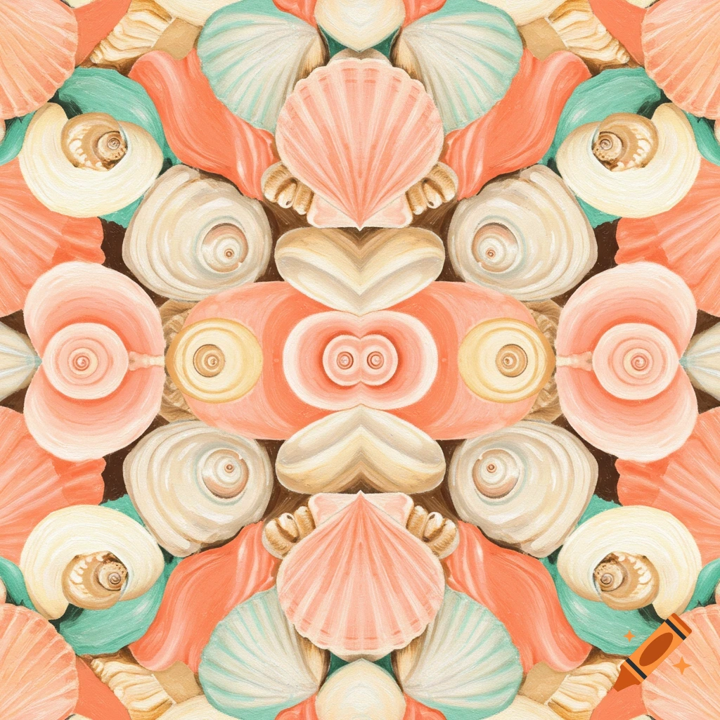 Symmetrical pattern of colorful seashells and coral