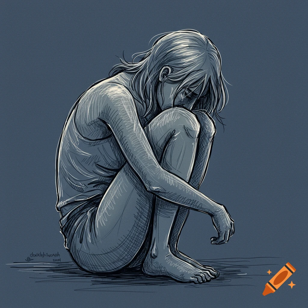 A fine line drawing of a person huddled on the floor, looking sad.