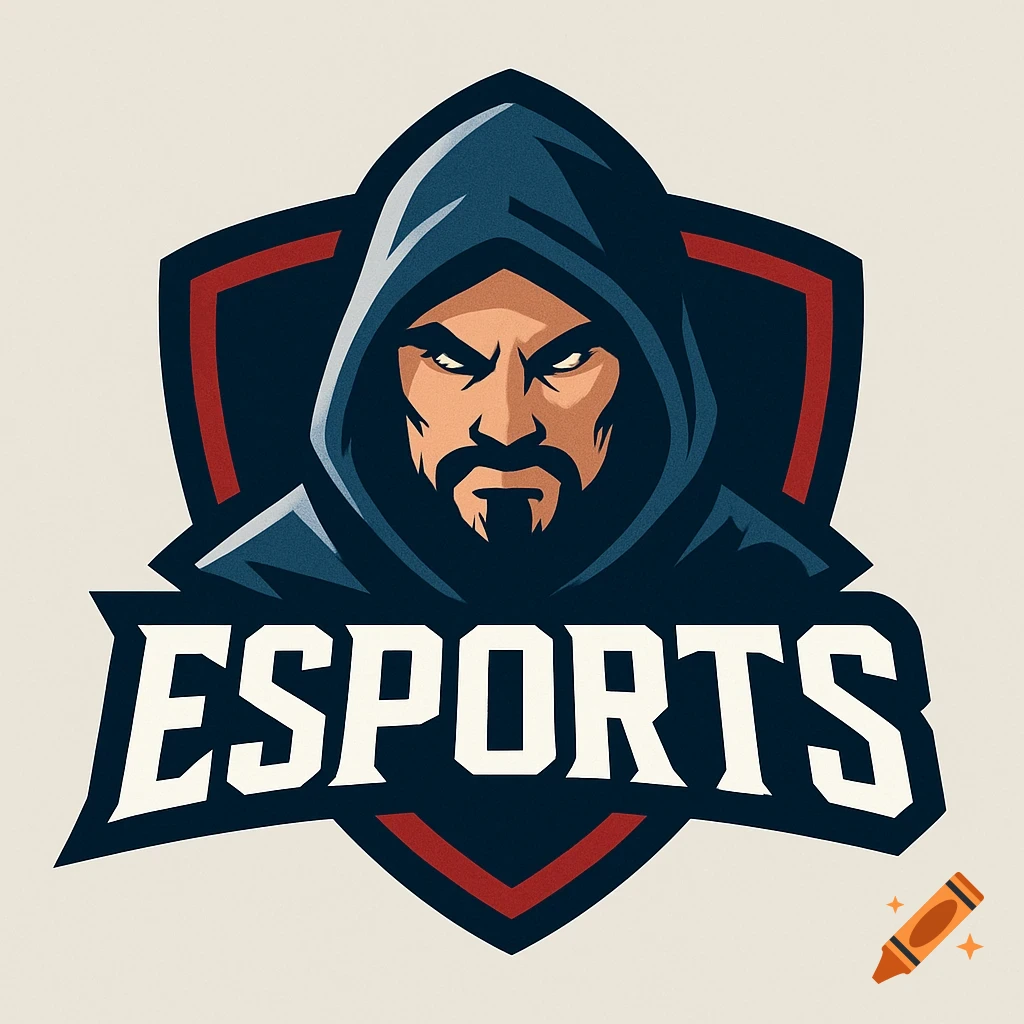 Esports logo featuring a man in a hood on a shield design.