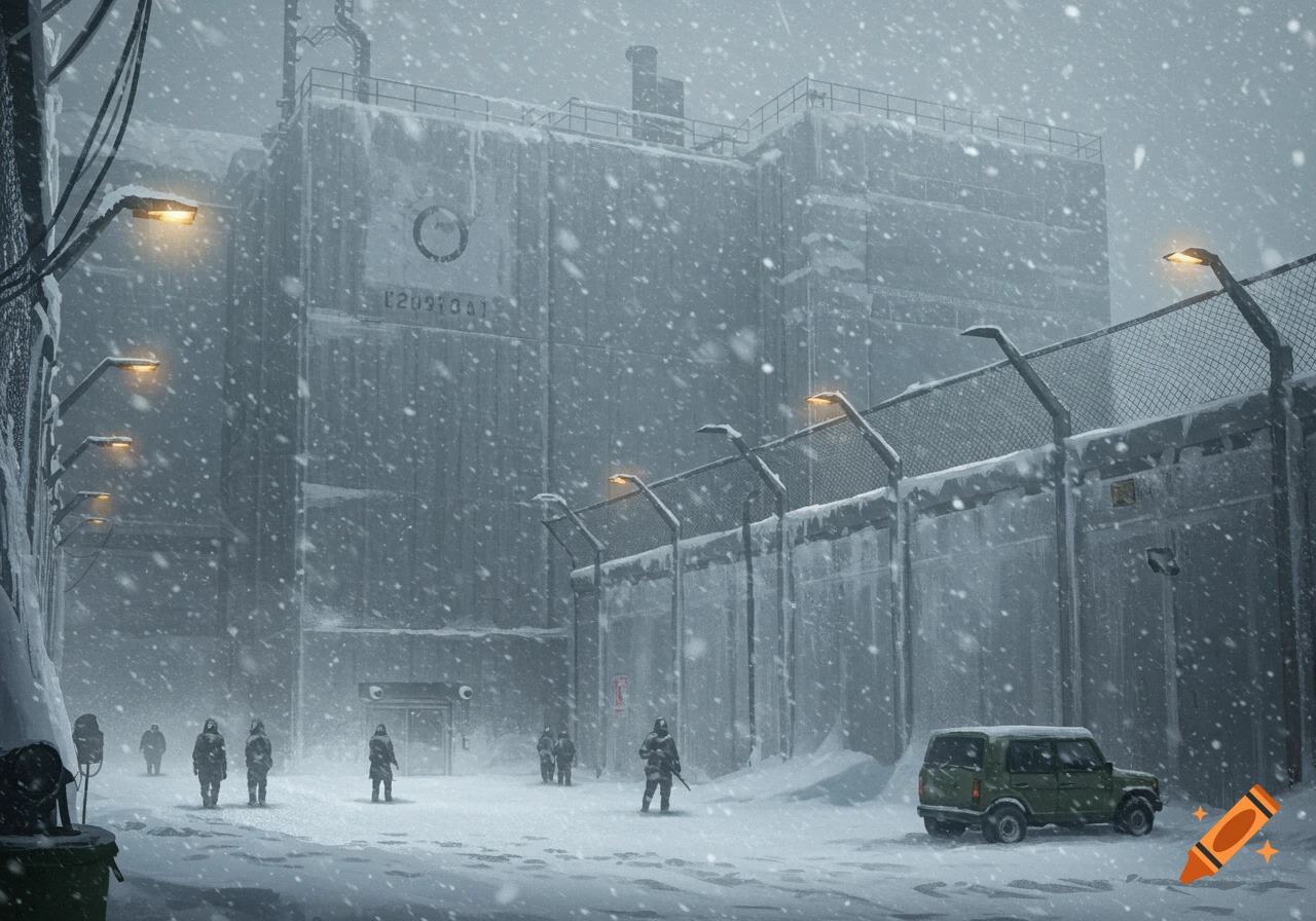 Soldiers stand guard outside a concrete facility in heavy snow with a military vehicle parked nearby.