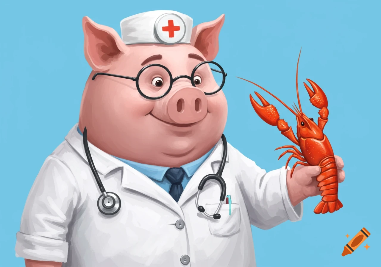 Cartoon pig dressed as a doctor holding a crawfish
